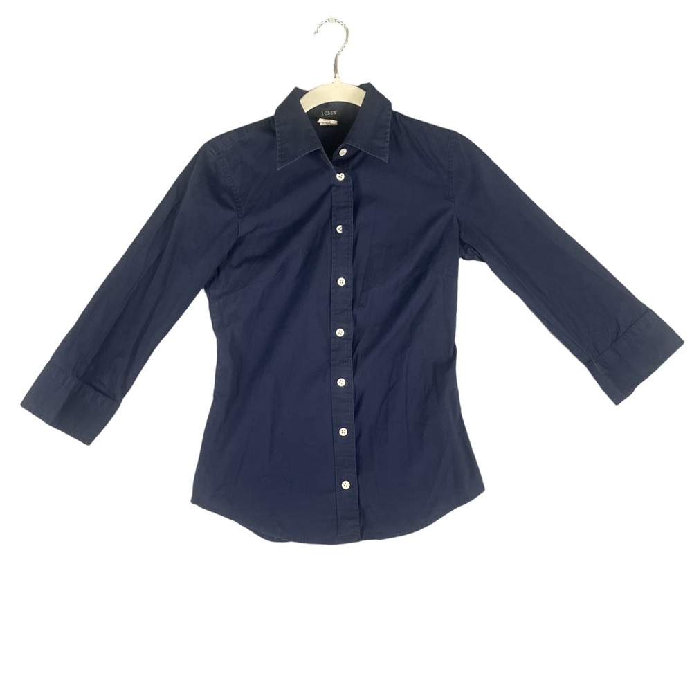 J.Crew 3/4 Sleeve Button Down Womens XS Navy Blue Stretch Cotton 91429